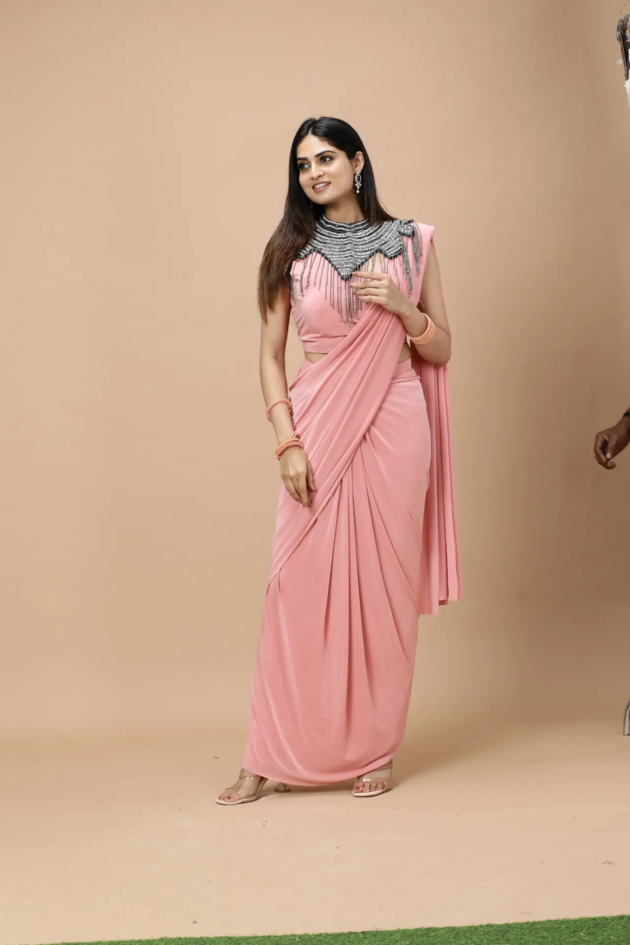 [VC26-AAKRITI-D100-70] Vervee Couture Salmon Cape Necklace Ready-to-Wear Designer Saree | Aakriti