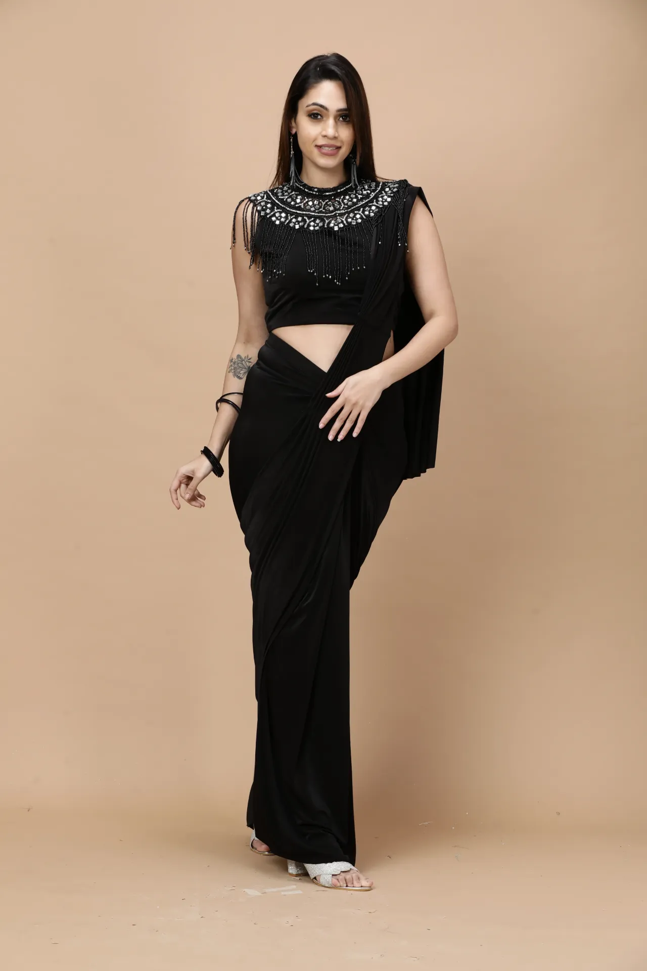 [VC26-AAKRITI-D100-14] Vervee Couture Black Cape Necklace Ready-to-Wear Designer Saree | Aakriti