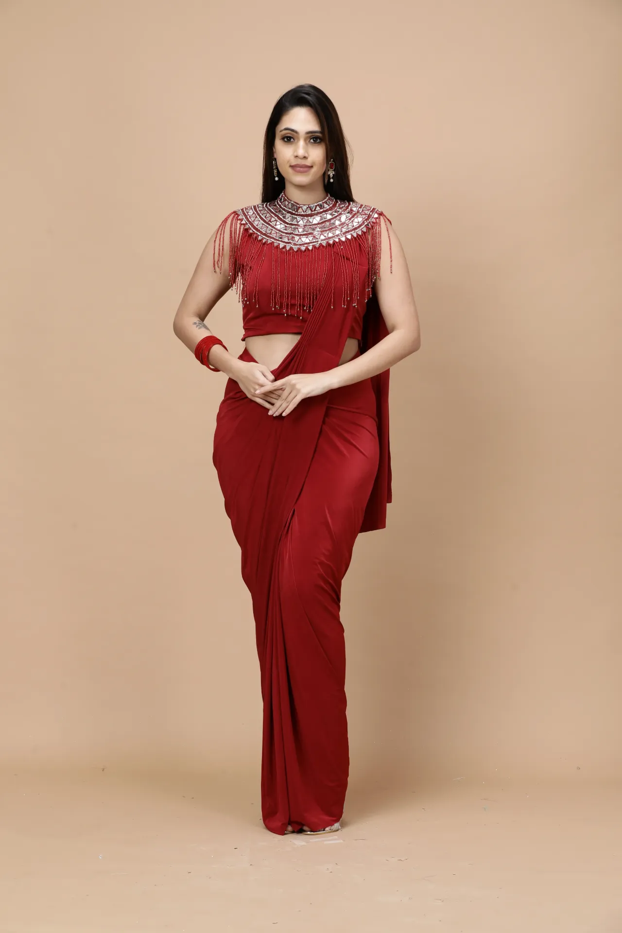 Vervee Couture Red Cape Necklace Ready-to-Wear Designer Saree | Aakriti