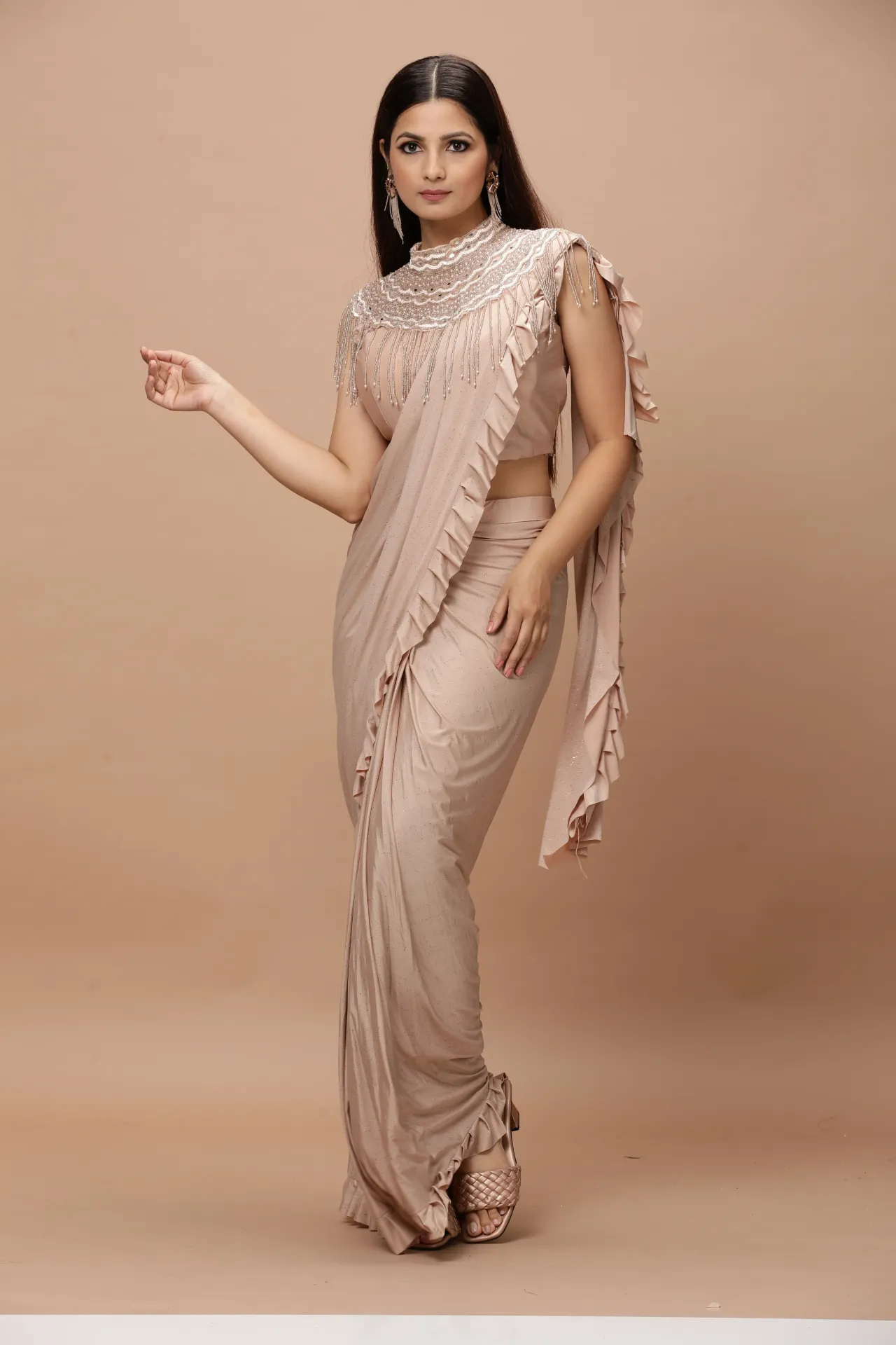 Vervee Couture Beige Cape Necklace Ready-to-Wear Designer Saree | Aakriti