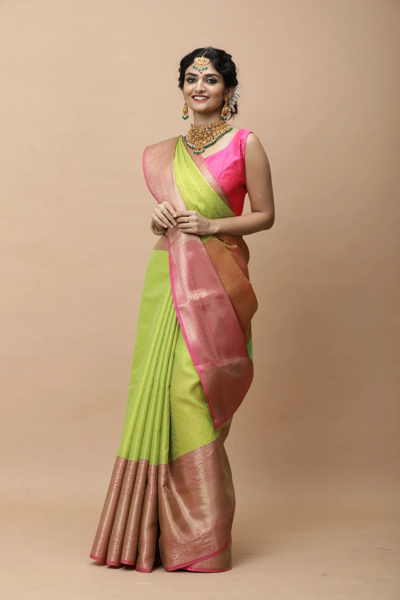 Vervee Couture Parrot Green Banarasi Silk Saree