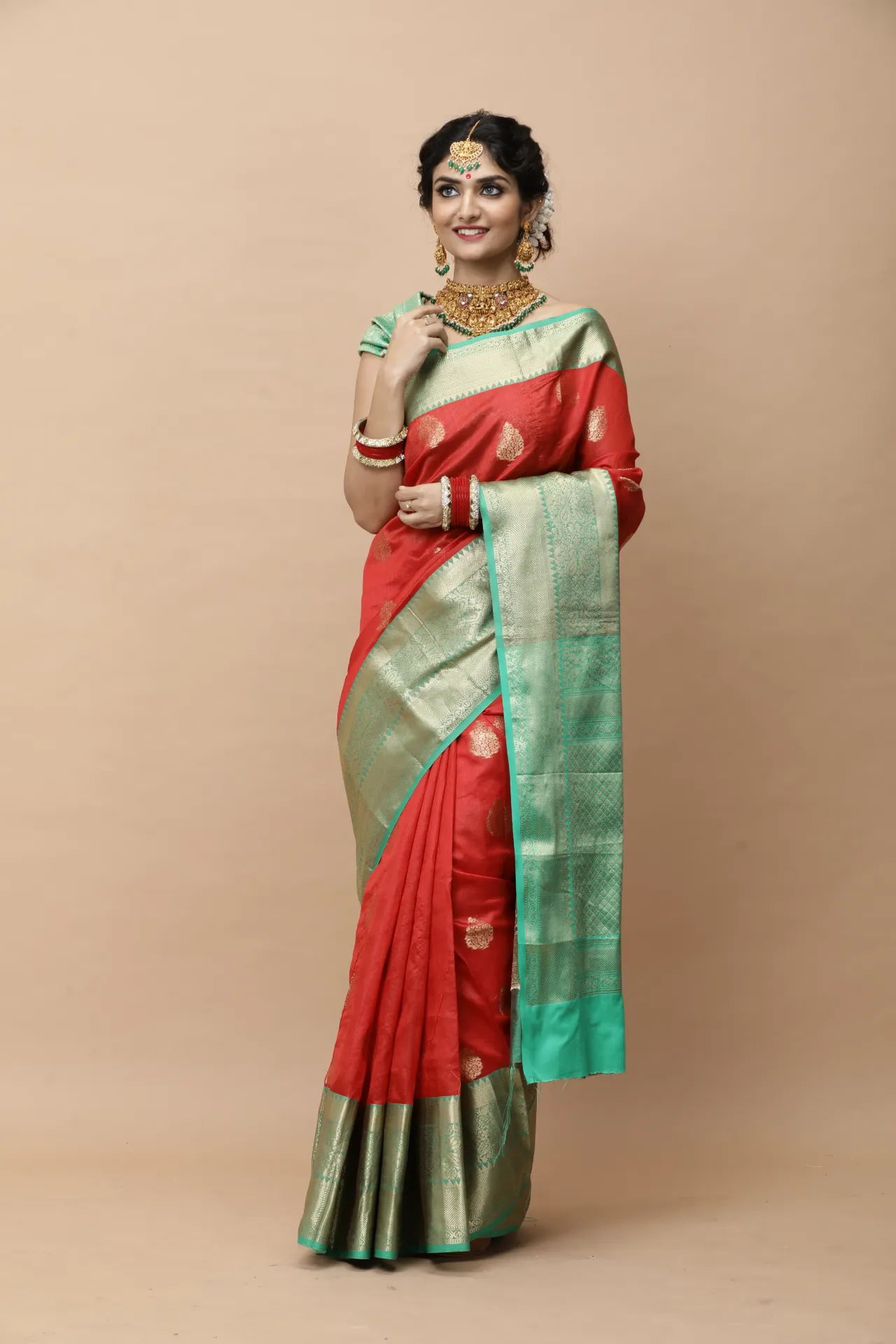 Vervee Couture Classic Crimson Red & Soft Mint Green Banarasi Silk Saree | Davya