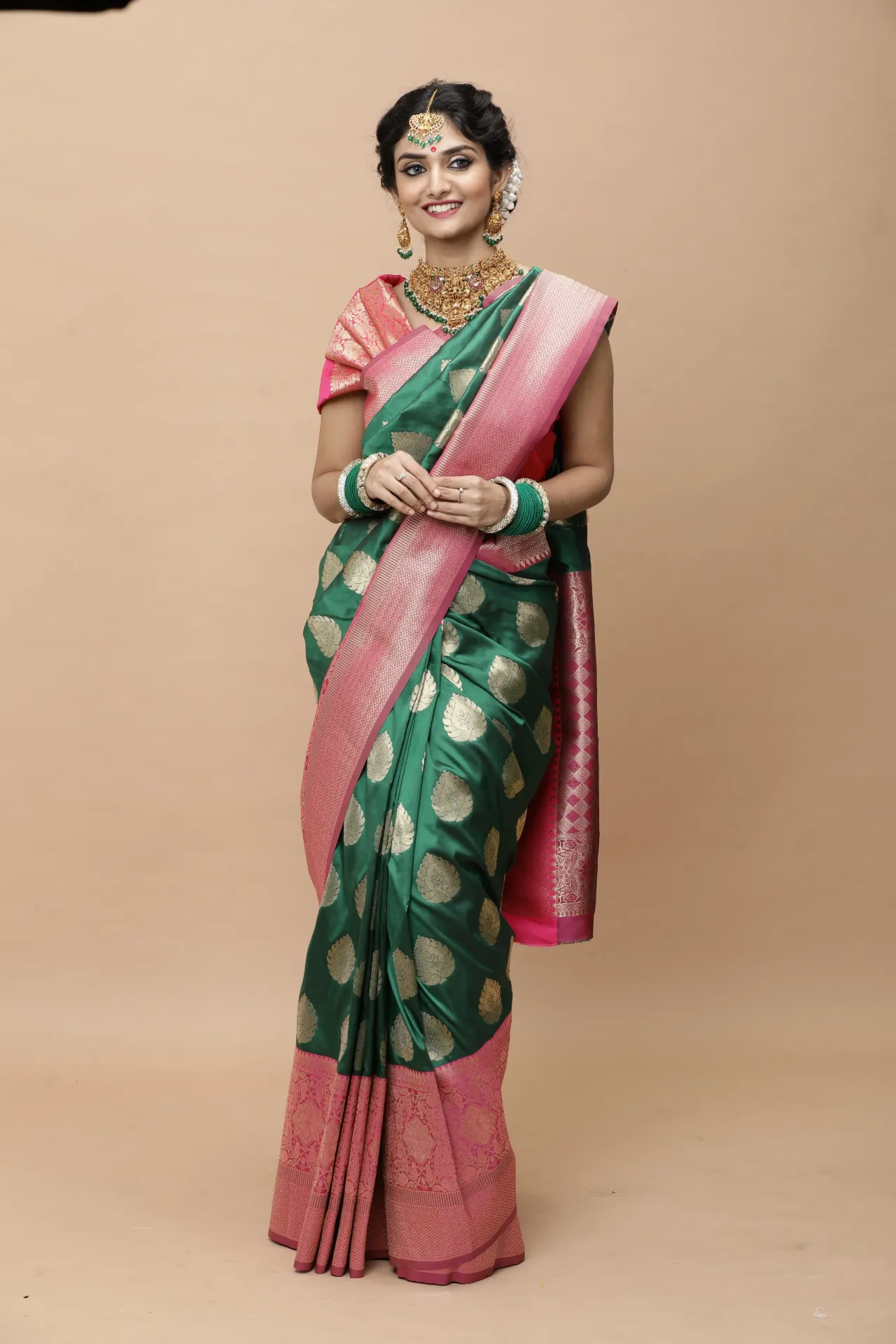 Vervee Couture Emerald Green & Rani Pink Banarasi Silk Saree