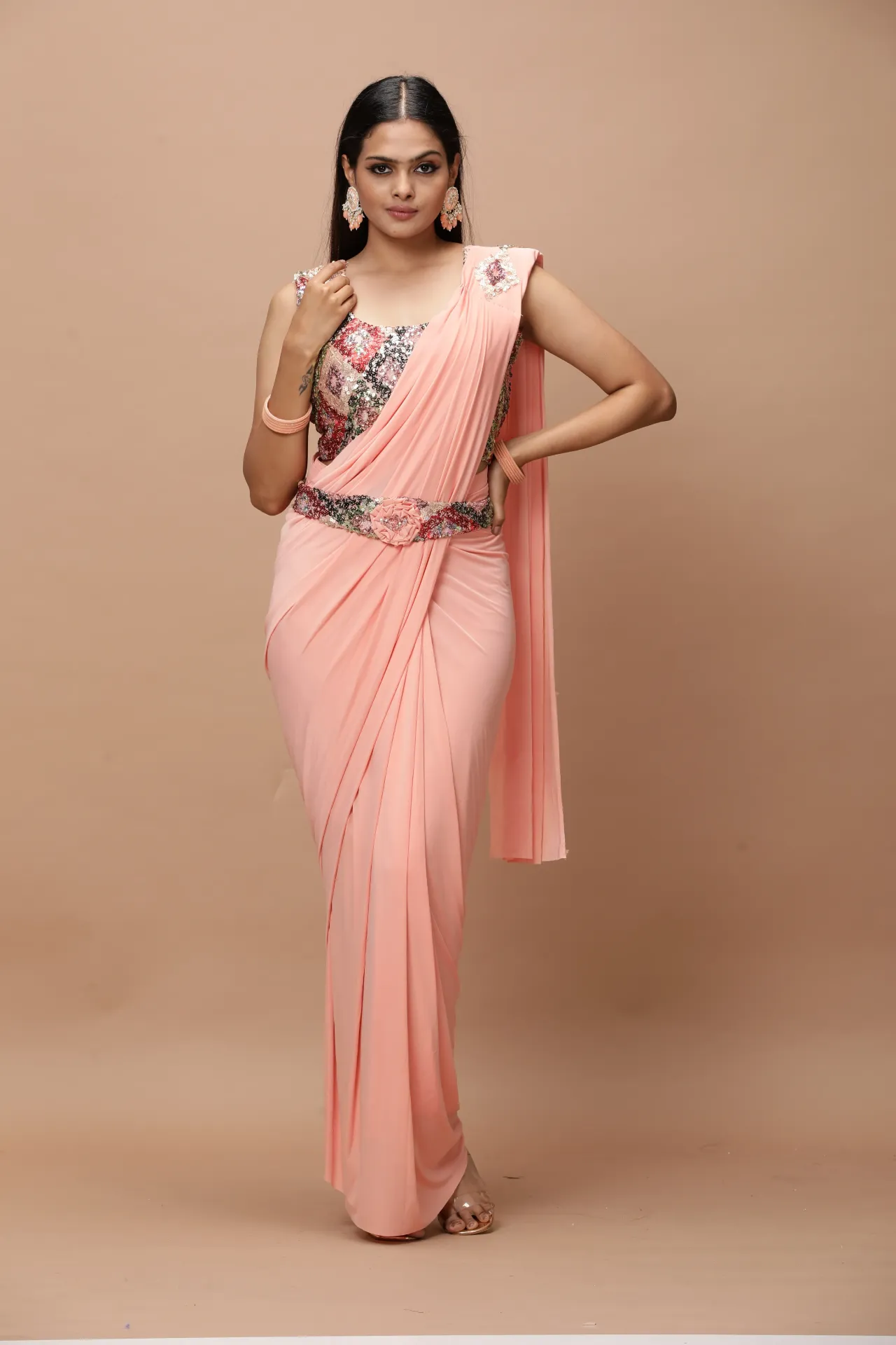 [VC26-AAKRITI-D100-58] Vervee Couture Peach Belt Ready-to-Wear Designer Saree | Aakriti