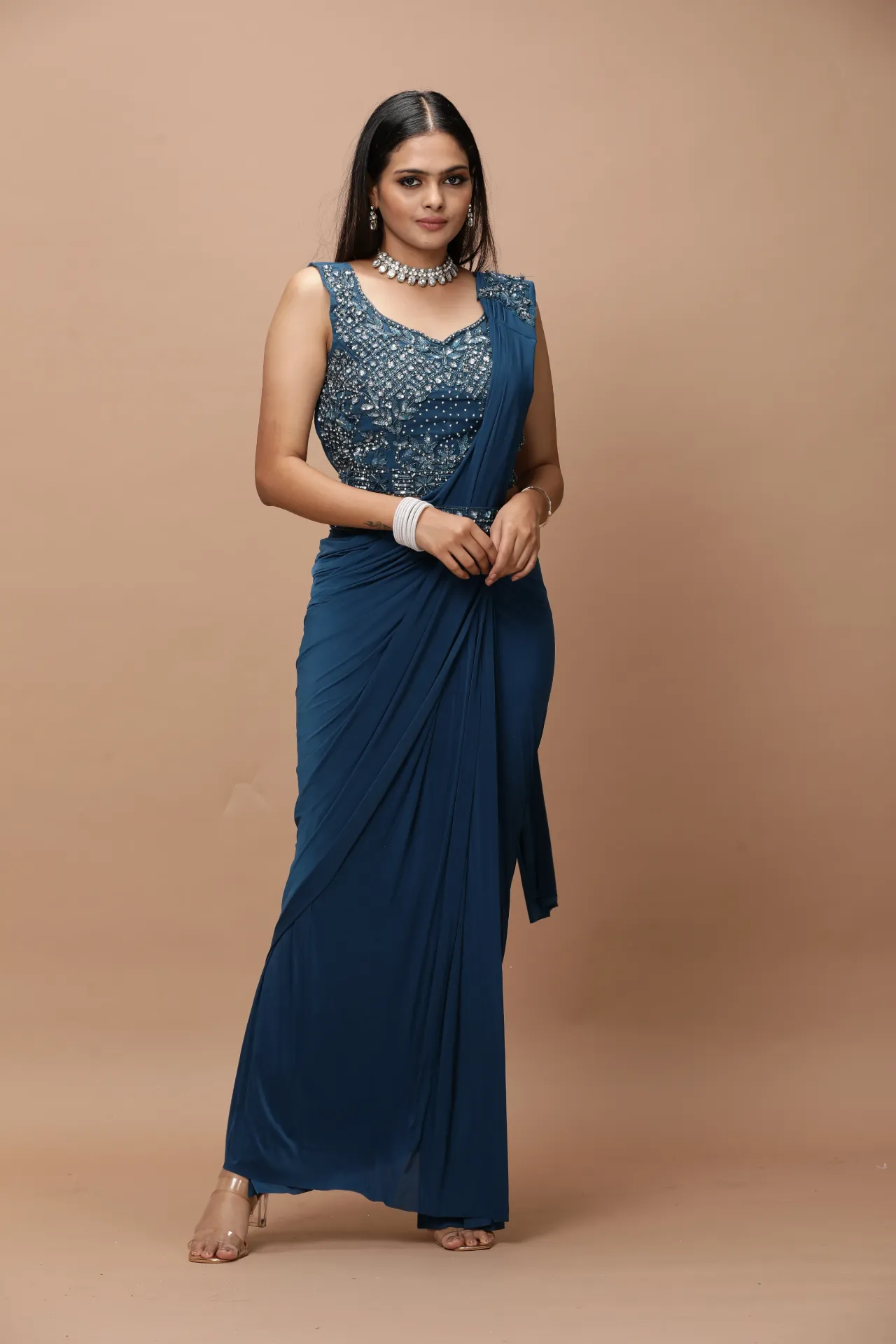 Vervee Couture Peacock Blue Belt Ready-to-Wear Designer Saree | Aakriti