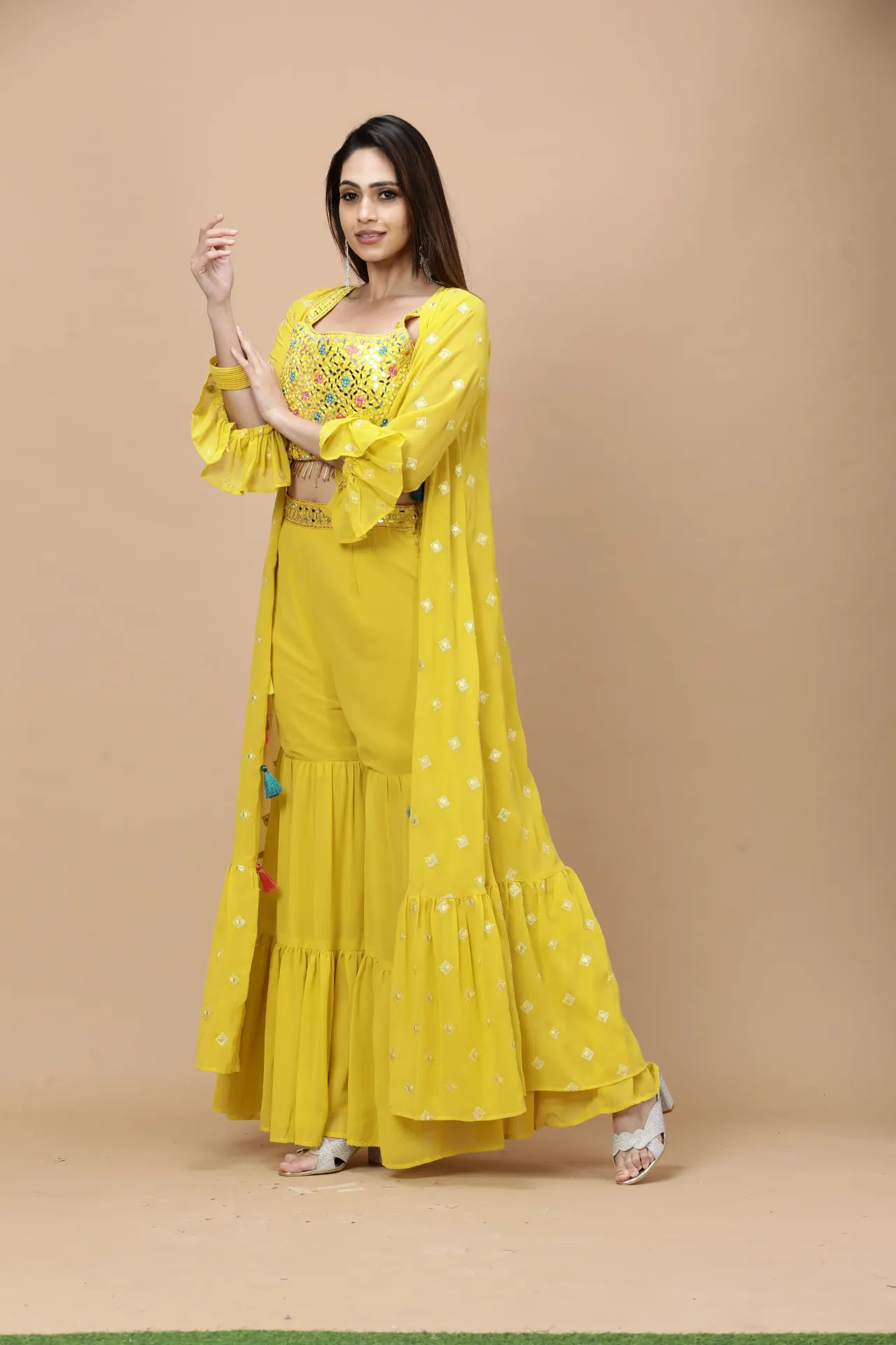 Vervee Couture Mustard Yellow Ethnic Palazzo Suit Set