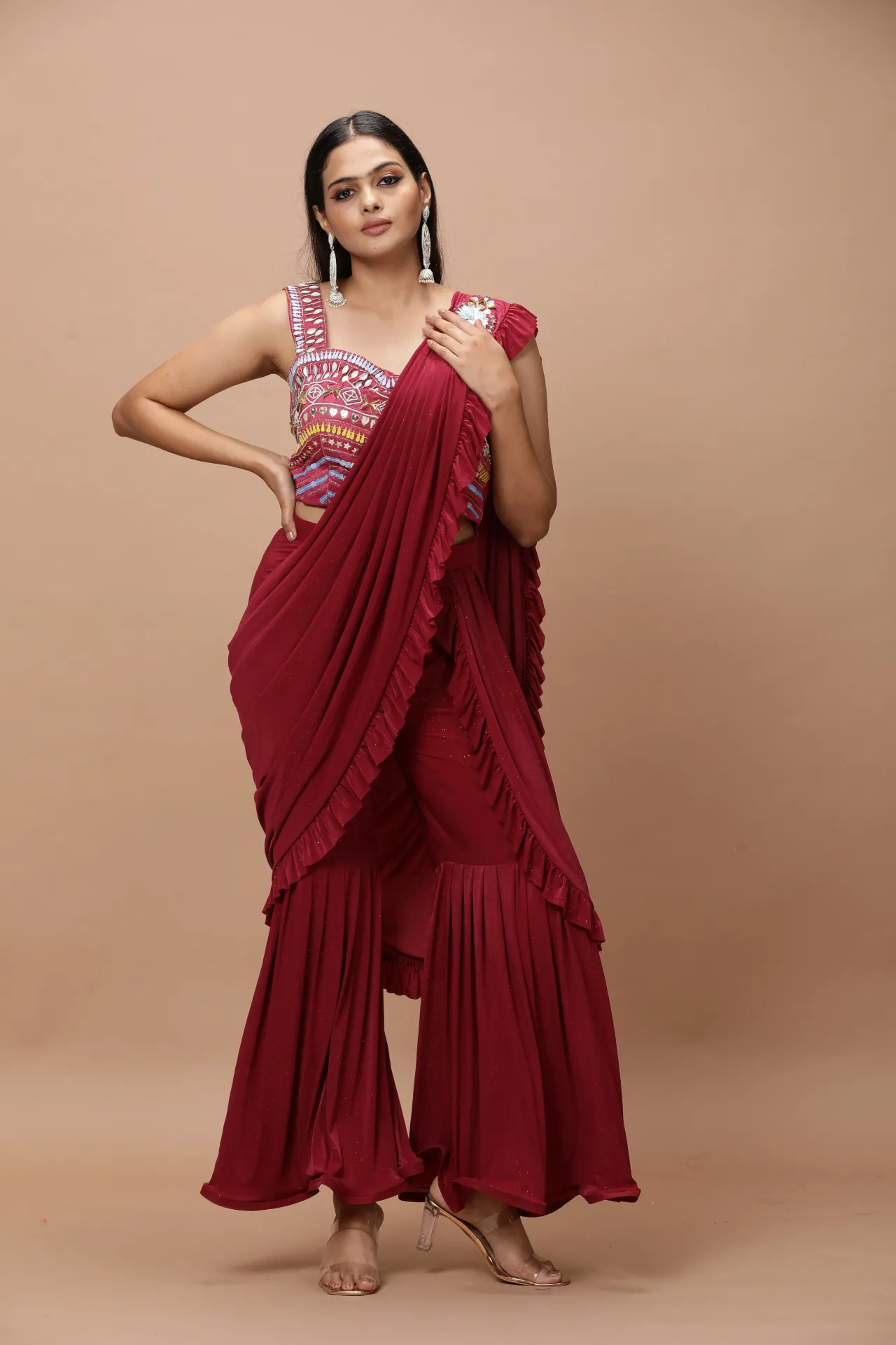 Vervee Couture Barn Red Ethnic Palazzo Suit Set