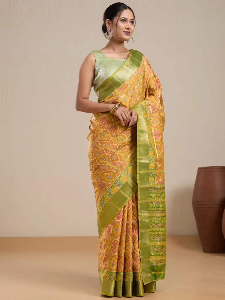 [VC26-EKA-D99-109] Vervee Couture Mustard Yellow Silk Saree with Olive Green Semi-Stitched Blouse | Eka