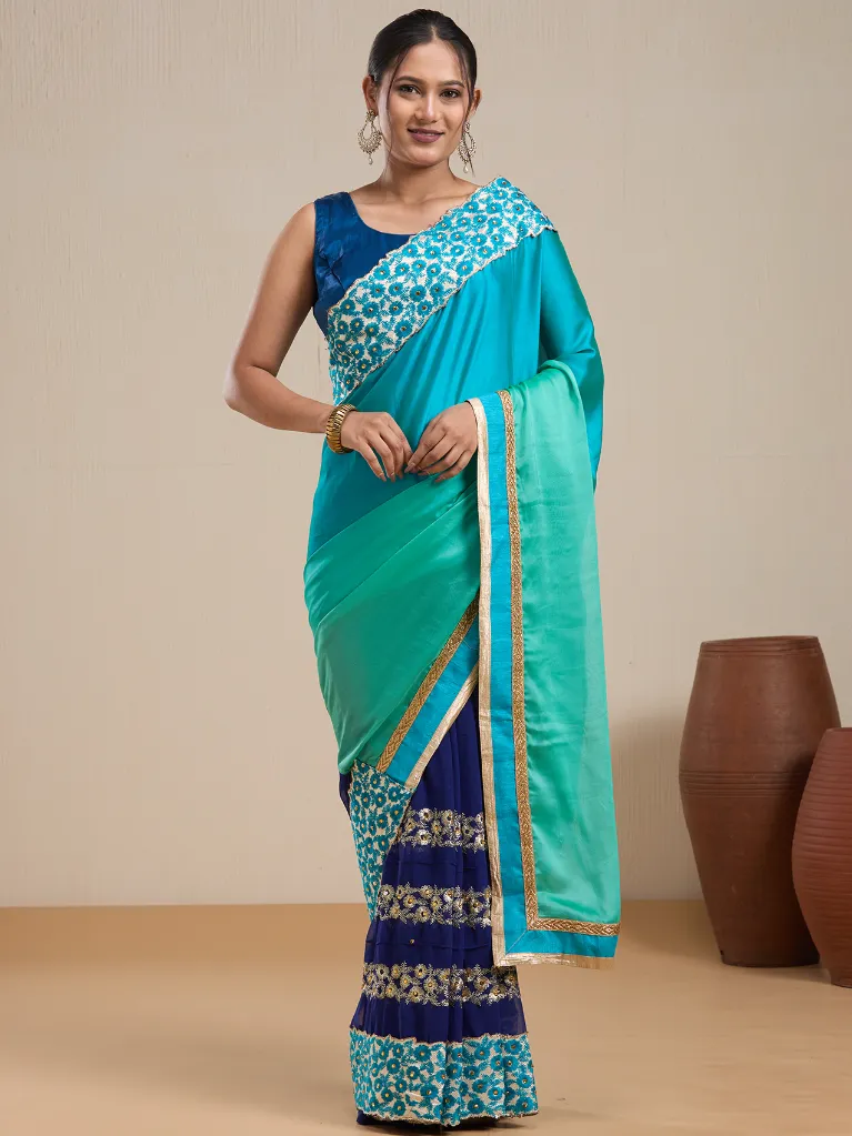 Vervee Couture Sky Blue Silk Blend Saree with Semi-Stitched Blouse | Eka