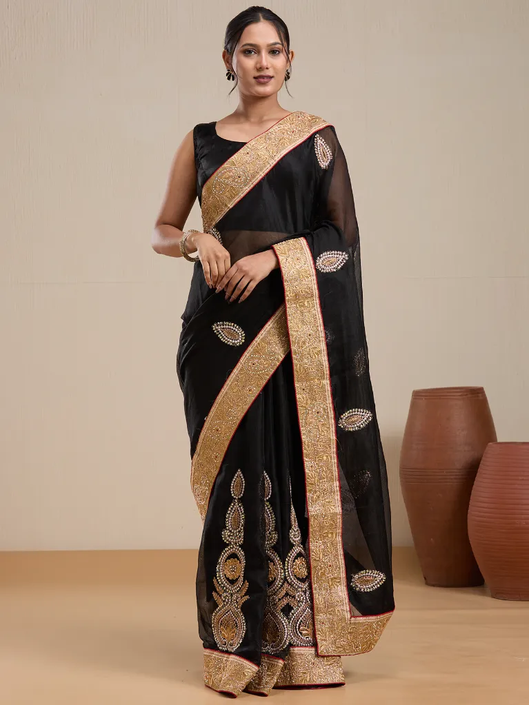 [VC26-EKA-D99-16] Vervee Couture Black Silk Georgette with Semi-Stitched Blouse | Eka