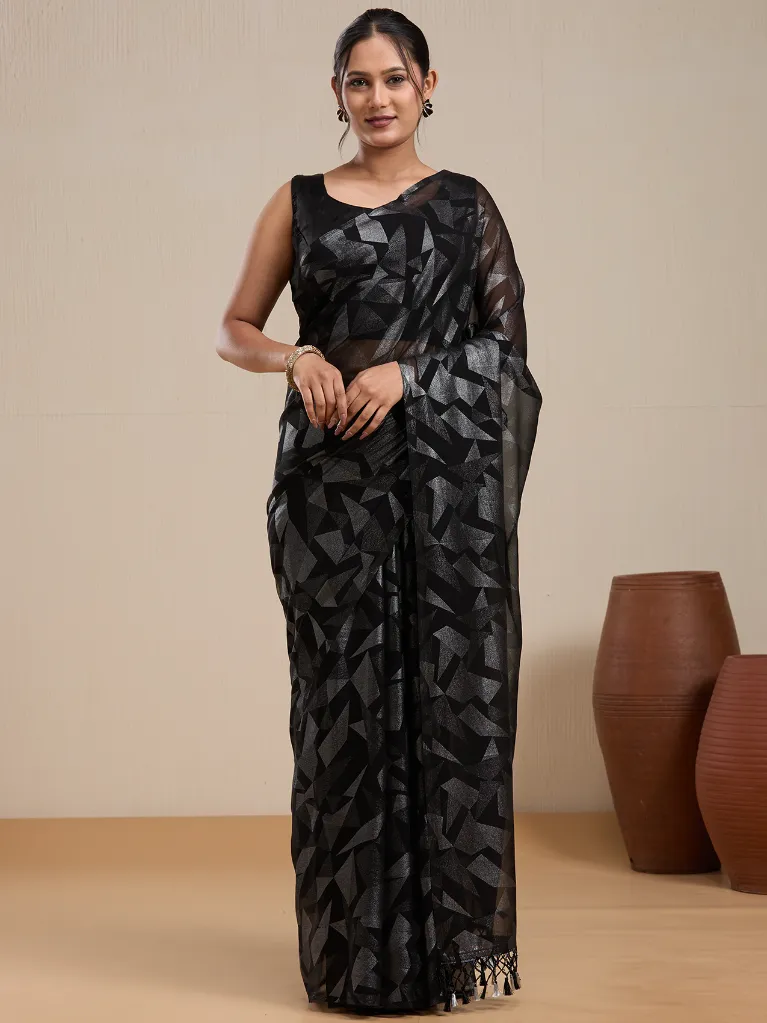 Vervee Couture Black Georgette Saree with Semi-Stitched Blouse | Eka