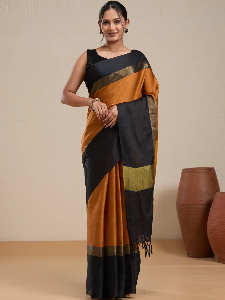 Vervee Couture Coffee Brown Silk Blend Saree with Semi-Stitched Blouse | Eka