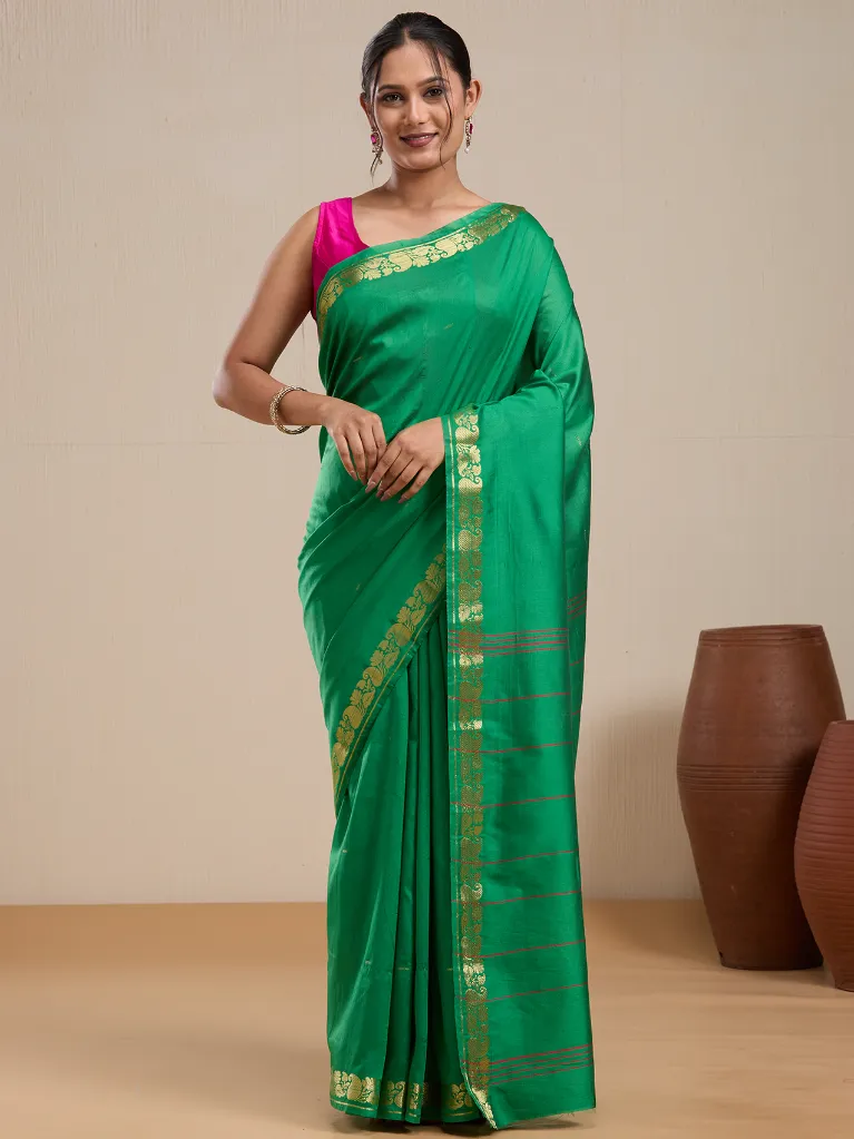 Vervee Couture Parrot Green Silk Blend Saree with Semi-Stitched Blouse | Eka