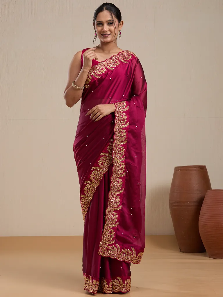 Vervee Couture Rani Pink Silk Blend Saree with Semi-Stitched Blouse | Eka
