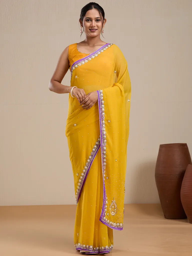 Vervee Couture Yellow Silk Blend Saree with Semi-Stitched Blouse | Eka