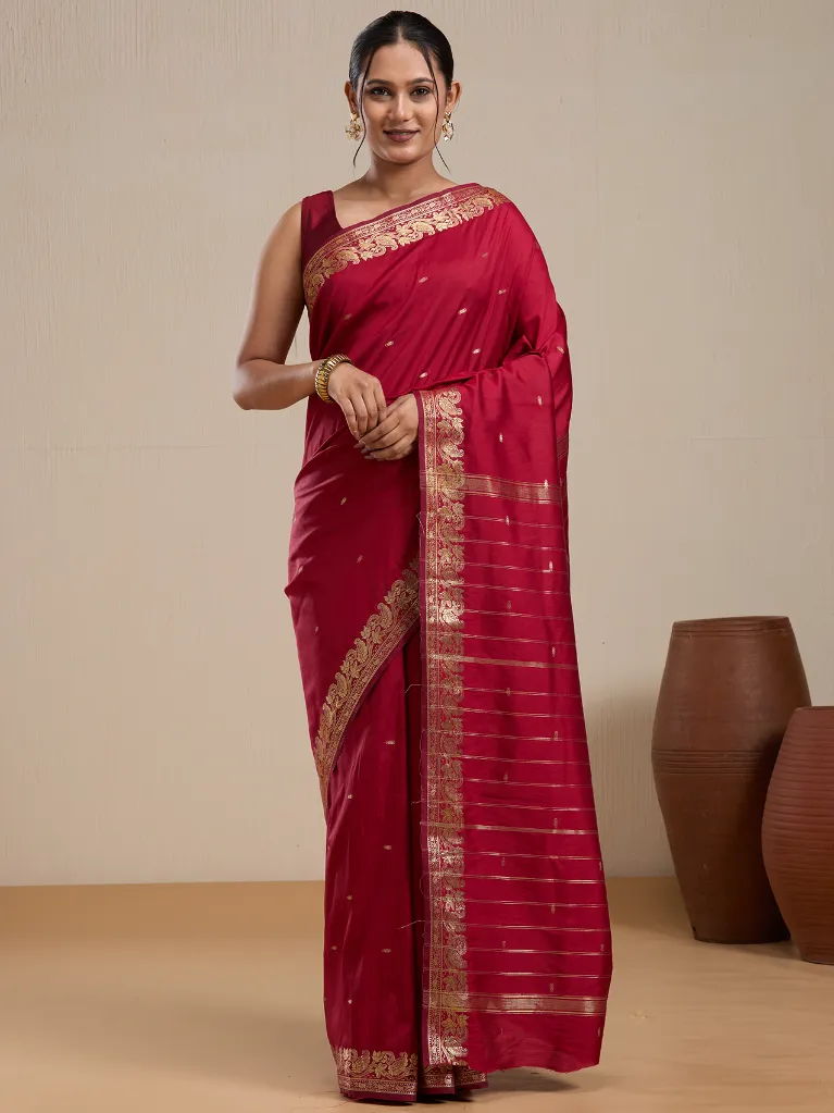 [VC26-EKA-D99-89] Vervee Couture Maroon Silk Blend Saree with Semi-Stitched Blouse | Eka