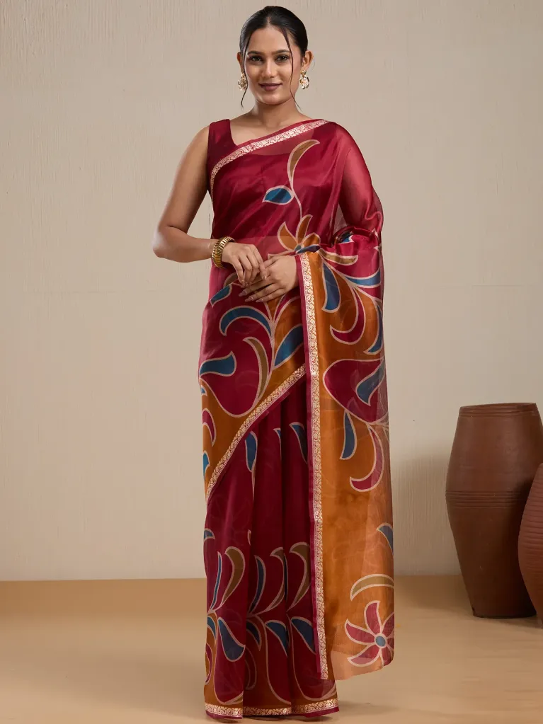 Vervee Couture Maroon Silk Blend Saree with Semi-Stitched Blouse | Eka
