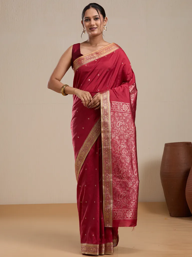 Vervee Couture Maroon Silk Blend Saree with Semi-Stitched Blouse | Eka