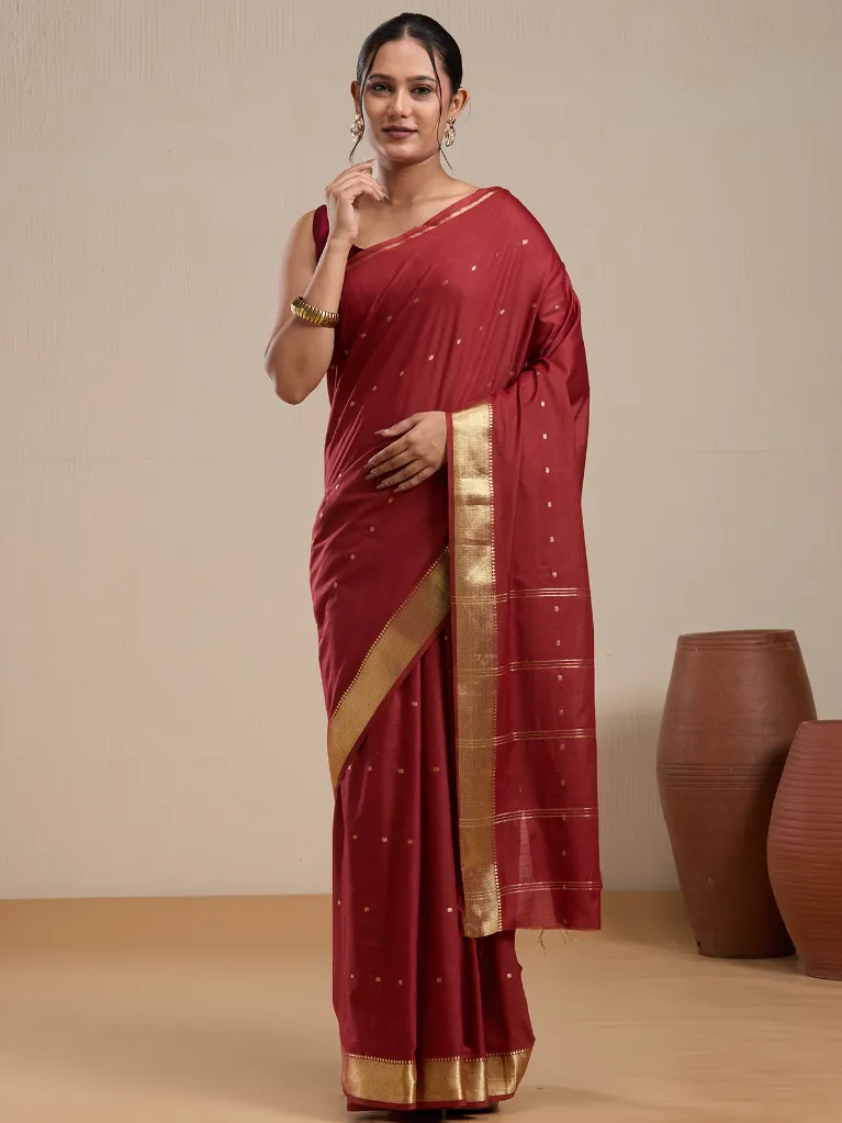 [VC26-EKA-D99-90] Vervee Couture Maroon Silk Blend Saree with Semi-Stitched Blouse | Eka
