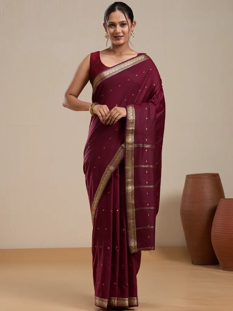 Vervee Couture Wine Purple Silk Blend Saree with Semi-Stitched Blouse | Eka