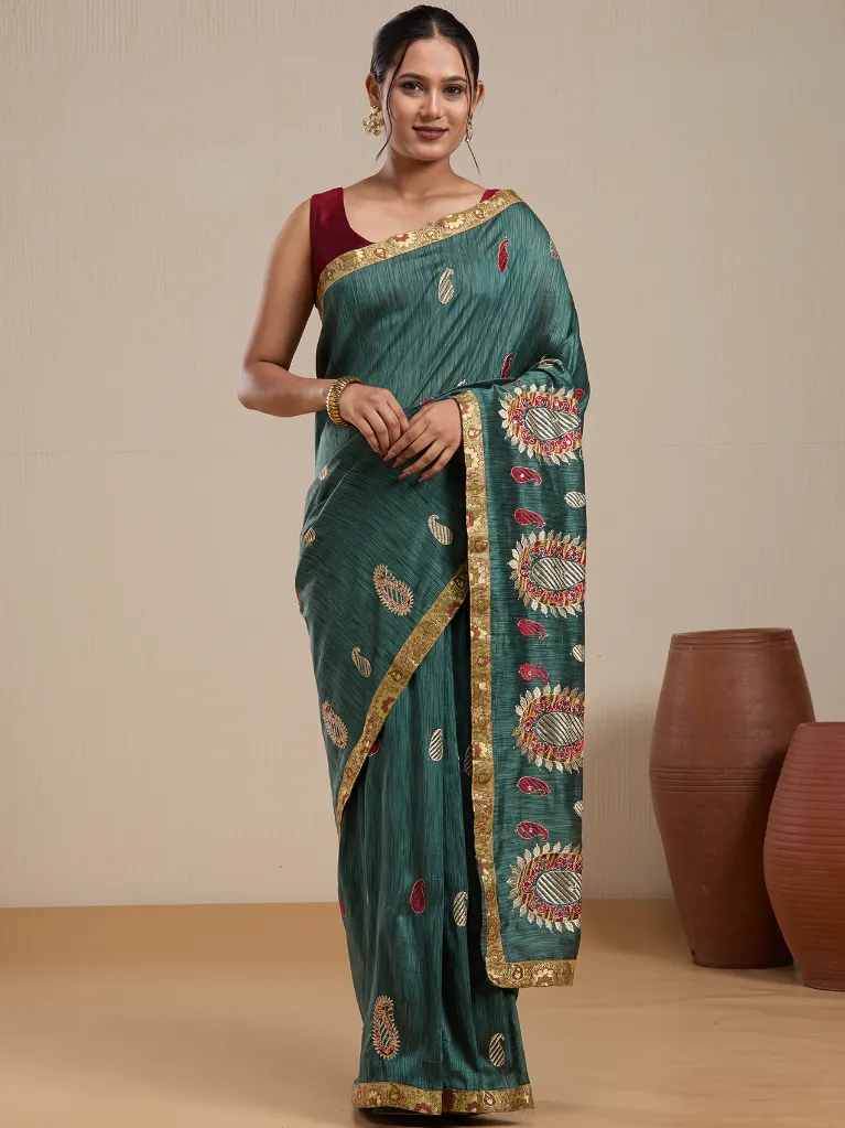 Vervee Couture Green Silk Blend Saree with Semi-Stitched Blouse | Eka