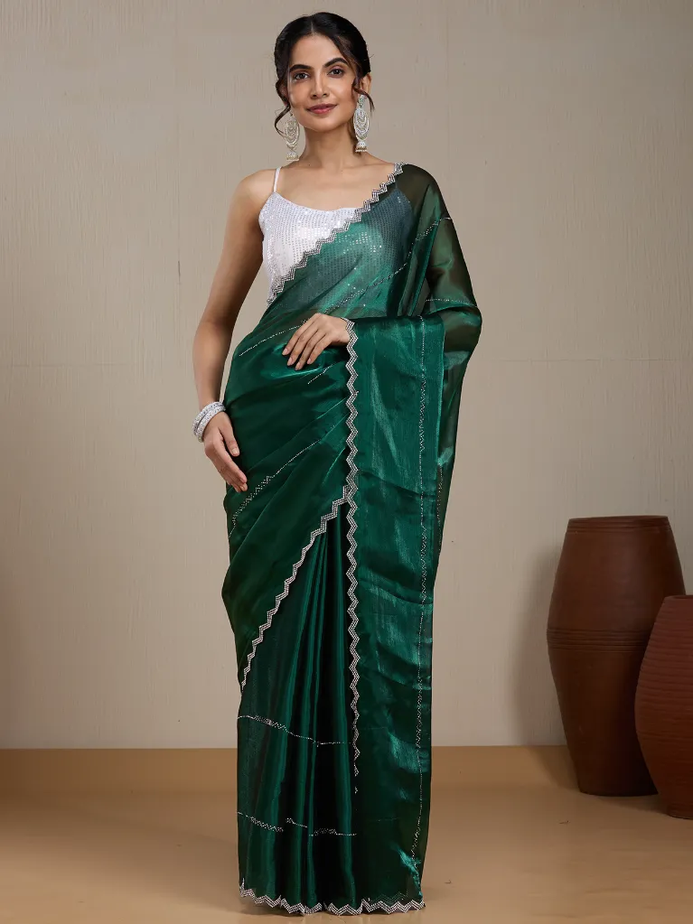 [VC26-EKA-D99-25] Vervee Couture Bottle Green Silk Blend Saree | Eka