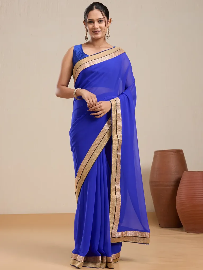 Vervee Couture Blue Silk Blend Saree  Semi-stitched Blouse