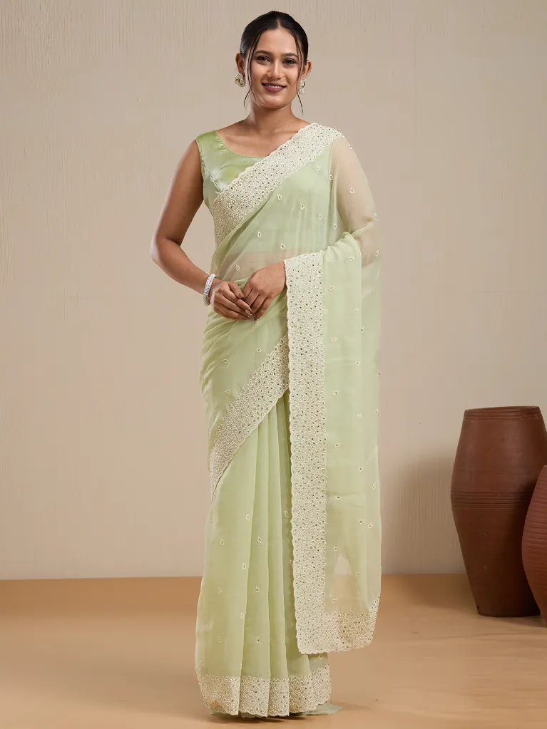 [VC26-EKA-D99-130] Vervee Couture Pastel Green Silk Blend Saree with Semi-Stitched Blouse | Eka