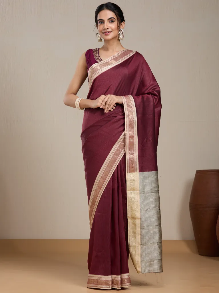 [VC26-EKA-D99-85] Vervee Couture Maroon Silk Blend Saree with Semi-Stitched Blouse | Eka