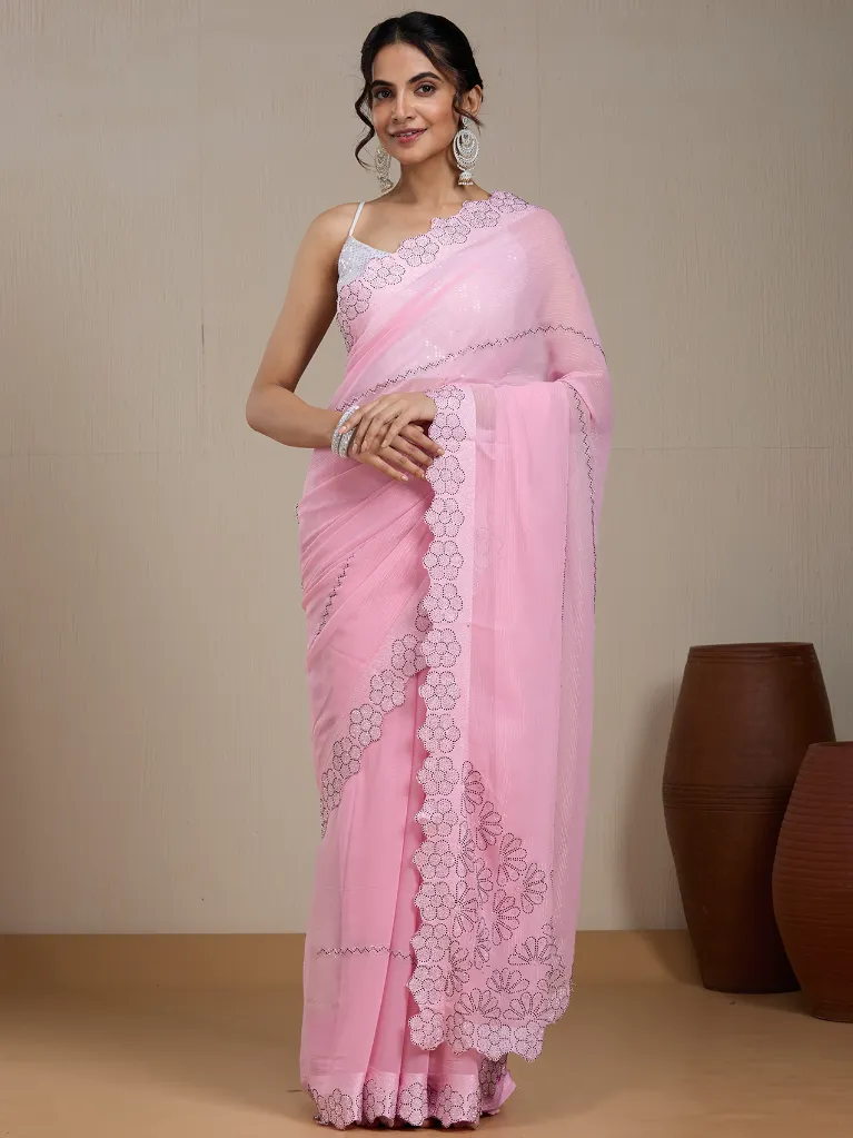 [VC26-EKA-D99-131] Vervee Couture Pastel Pink Silk Blend Saree | Eka