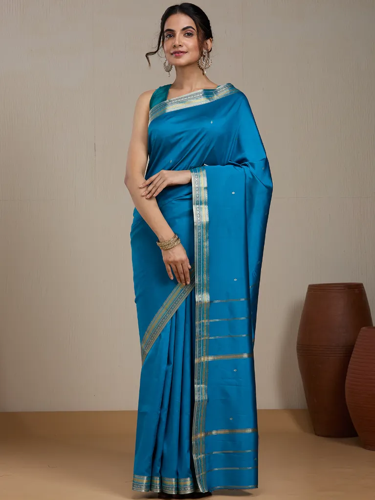 Vervee Couture Teal Blue Silk Blend Saree with Semi-Stitched Blouse | Eka