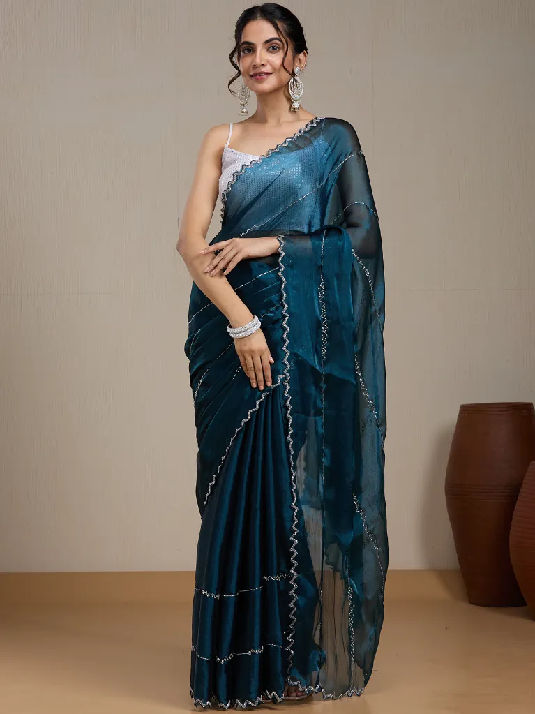 Vervee Couture Teal Blue Silk Blend Saree  Semi-stitched Blouse