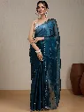Vervee Couture Teal Blue Silk Blend Saree  Semi-stitched Blouse