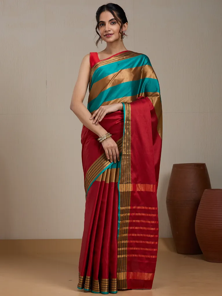 Vervee Couture Crimson Red Silk Blend Saree Semi-stitched Blouse