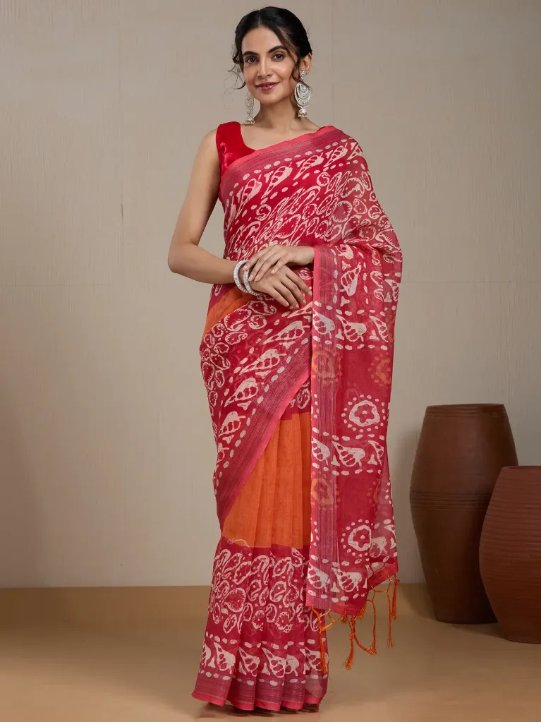 [VC26-EKA-D99-63] Vervee Couture Deep Pink Silk Blend Saree with Semi-Stitched Blouse | Eka