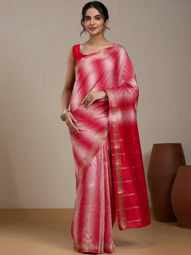 Vervee Couture Ruby Red Silk Blend Saree Semi-stitched Blouse