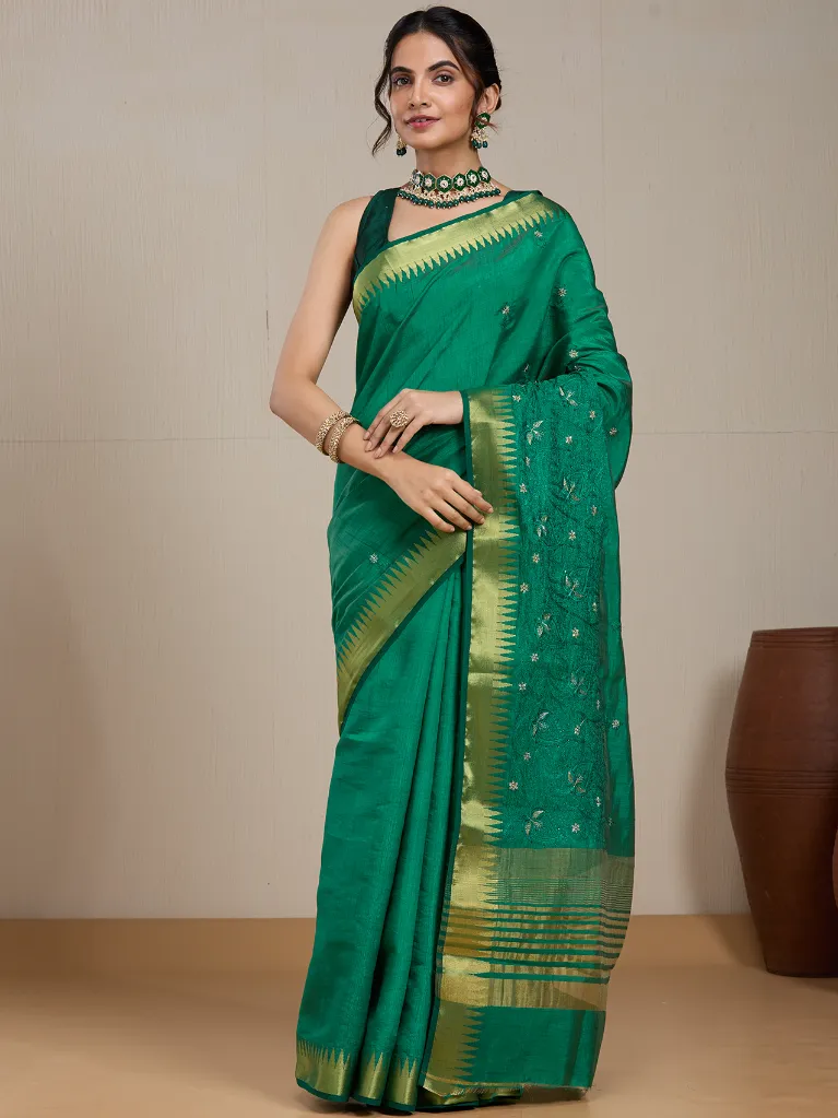 Vervee Couture Emerald Green Silk Blend Saree Semi-stitched Blouse