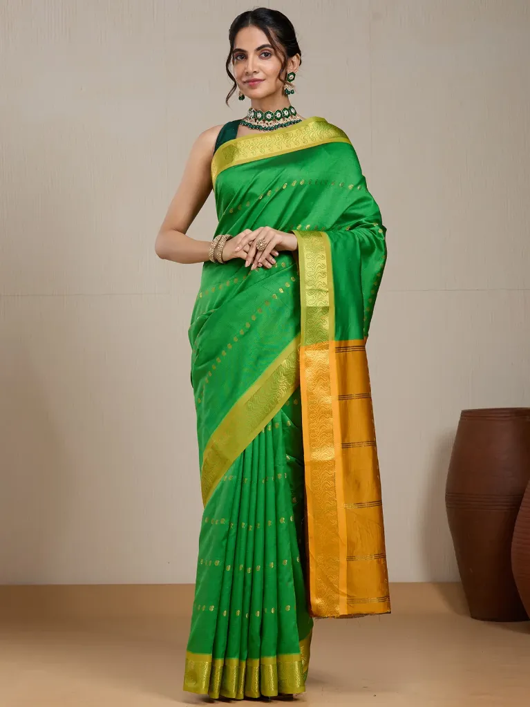 [VC26-EKA-D99-129] Vervee Couture Parrot Green Silk Blend Saree | Eka