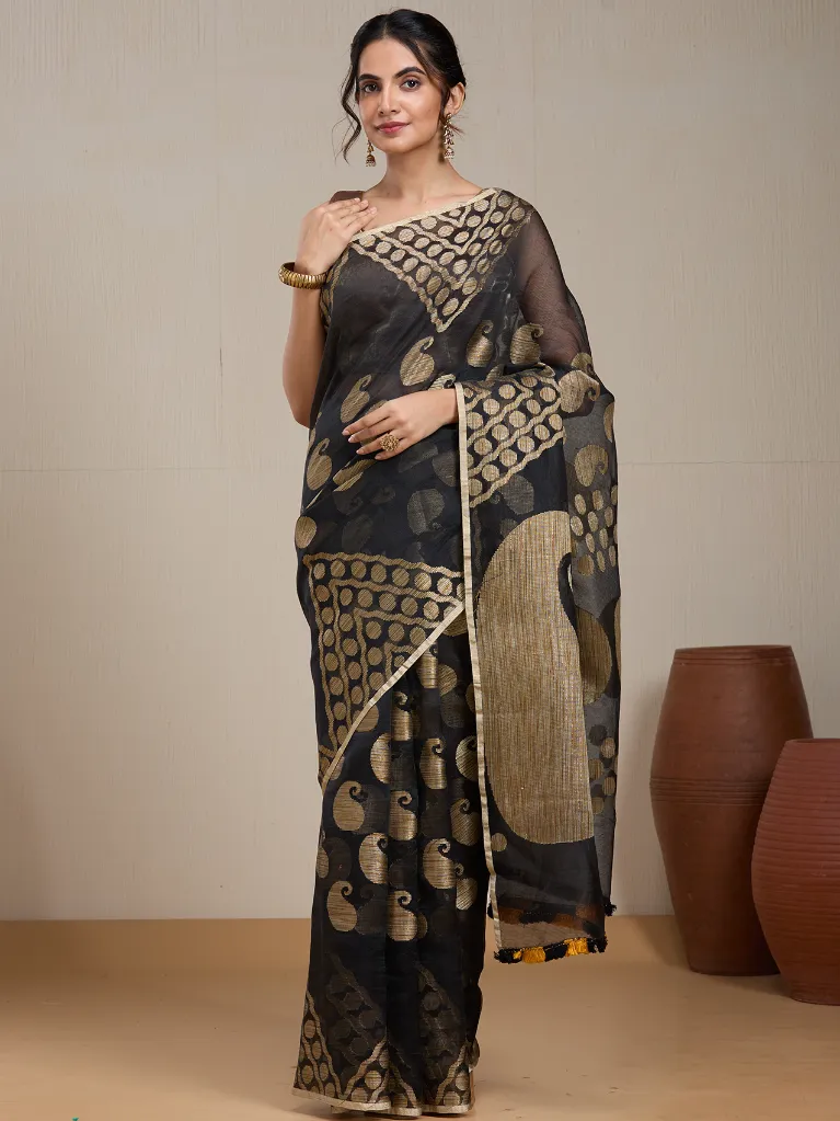 [VC26-EKA-D99-17] Vervee Couture Black Silk Blend Saree with Semi-Stitched Blouse | Eka