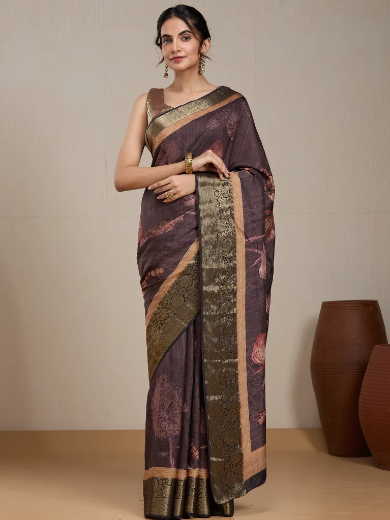 [VC26-EKA-D99-15] Vervee Couture Black Silk Blend Saree with Semi-Stitched Blouse | Eka