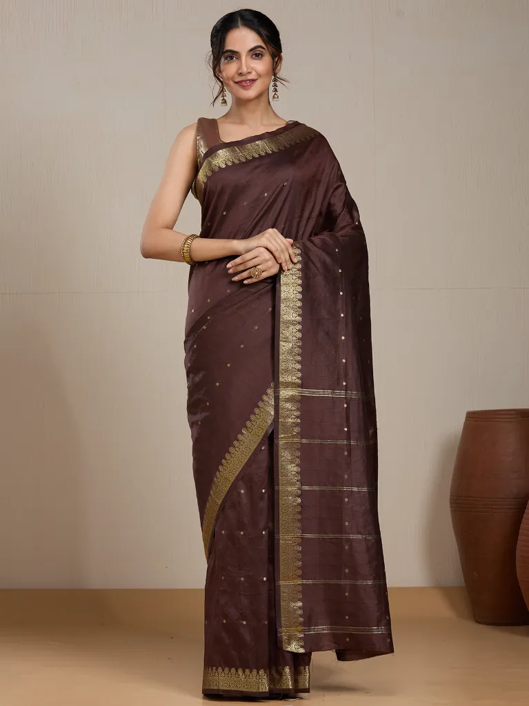 [VC26-EKA-D99-59] Vervee Couture Dark Maroon Silk Blend Saree with Semi-Stitched Blouse | Eka