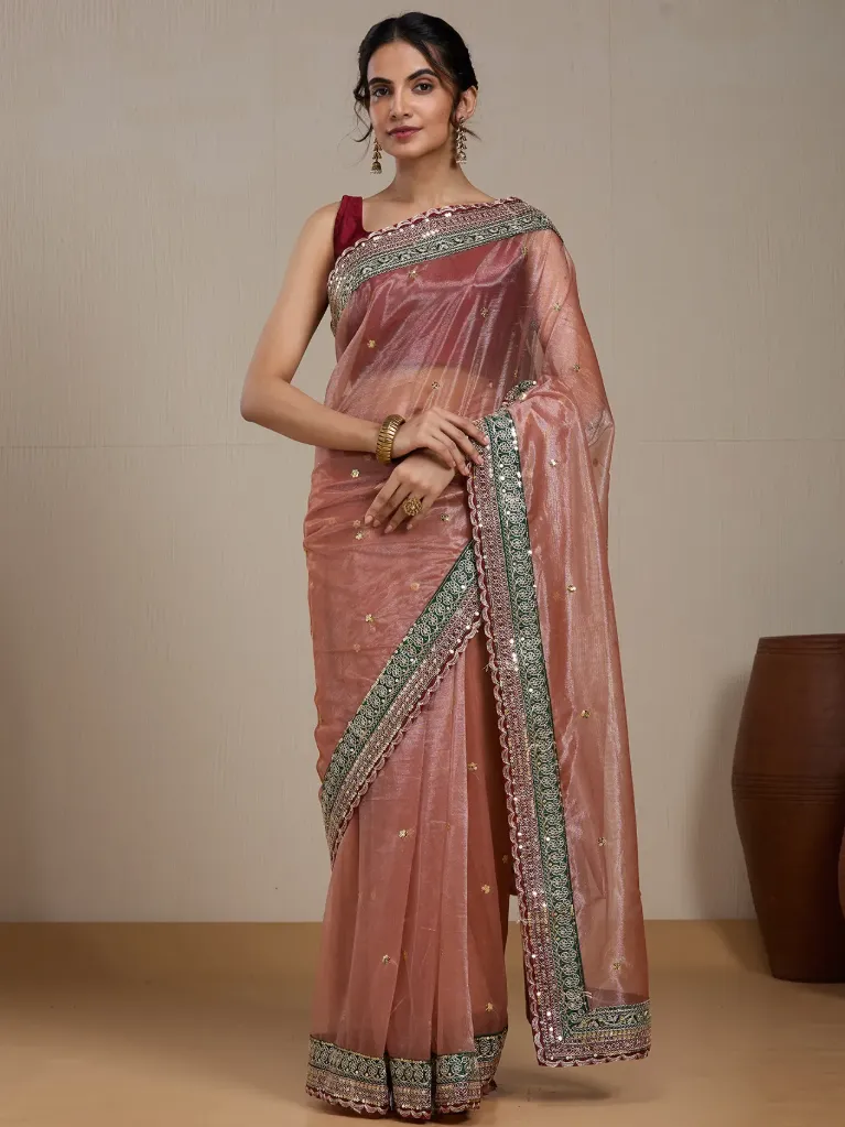 Vervee Couture Dusty Rose Silk Blend Saree  Semi-stitched Blouse