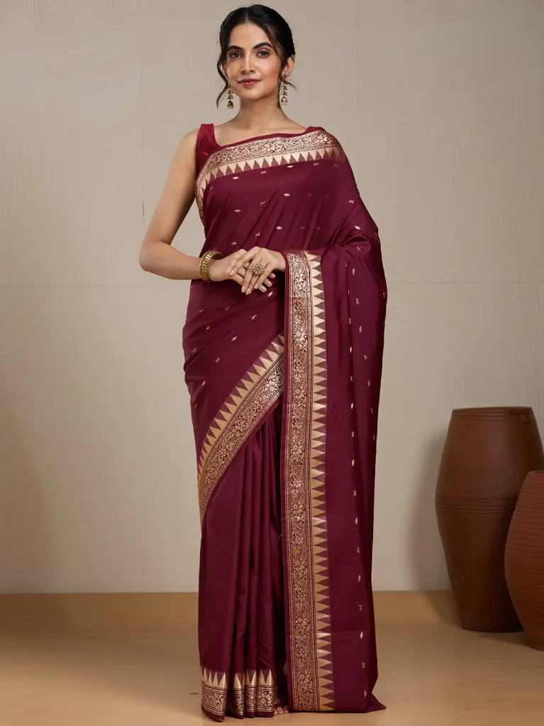 Vervee Couture Wine Red Silk Blend Saree  Semi-stitched Blouse