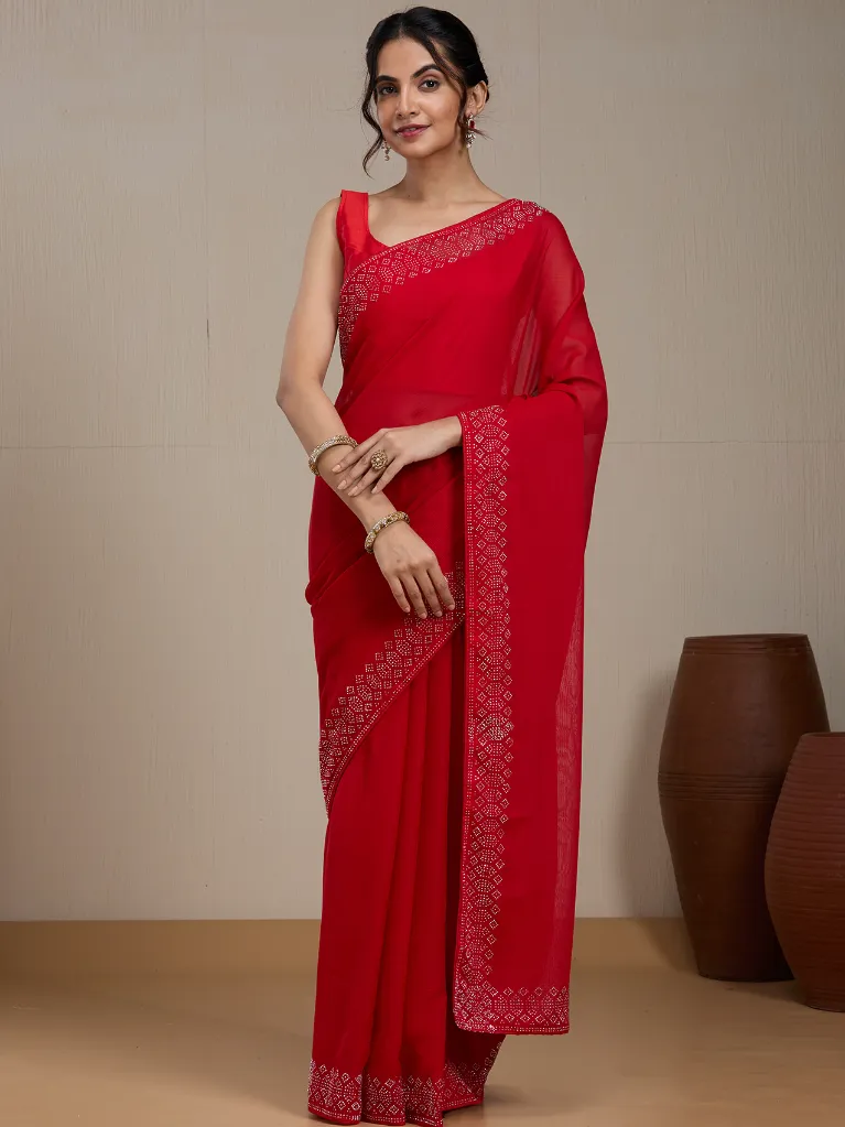 Vervee Couture Classic Red Silk Blend Saree  Semi-stitched Blouse