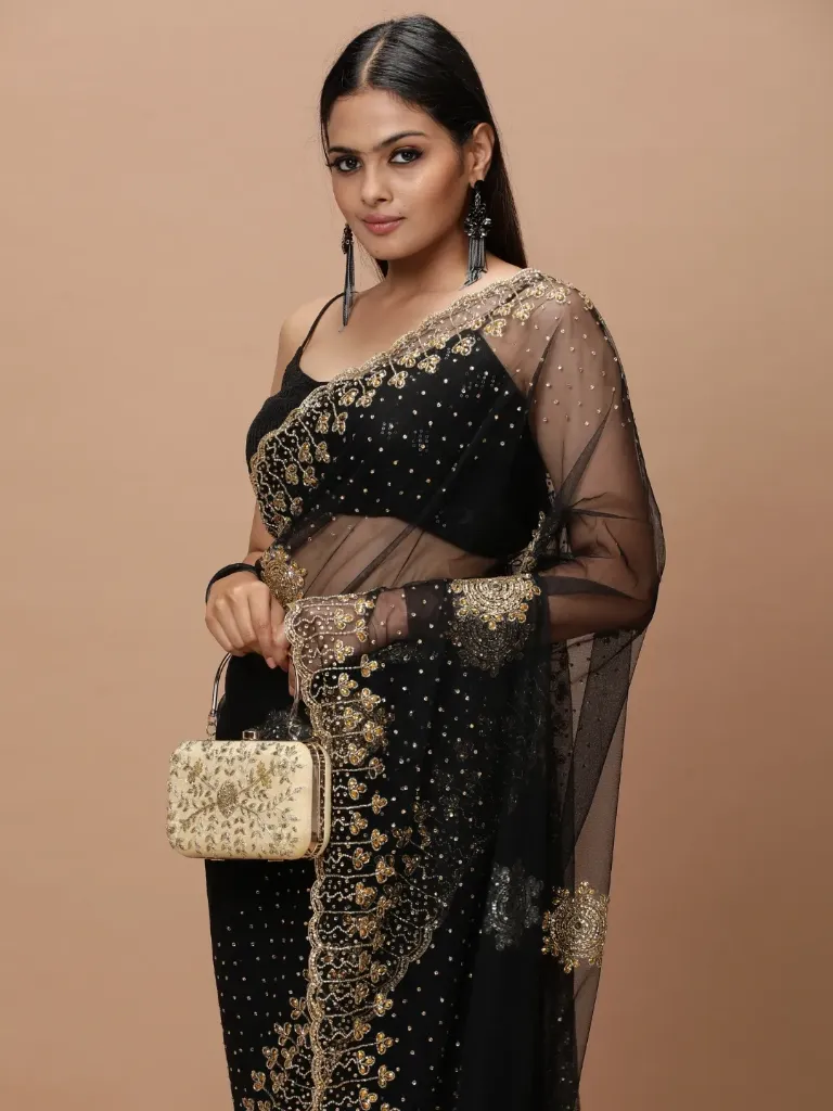 [VC26-IKRAR-D07-01] Vervee Couture Classic Jet Black Net Saree | Ikrar