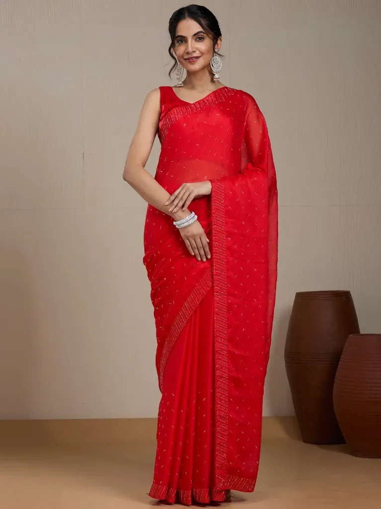 [VC26-EKA-D99-44] Vervee Couture Classic Red Georgette Saree | Eka