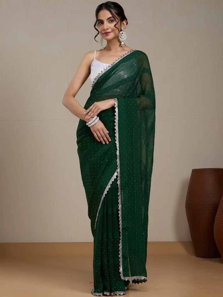 [VC26-EKA-D99-26] Vervee Couture Bottle Green Georgette Saree | Eka