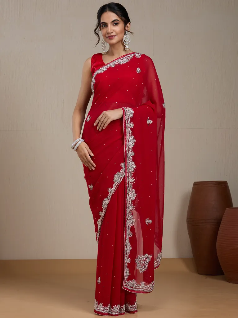 [VC26-EKA-D99-166] Vervee Couture Red Silk Blend Saree with Semi-Stitched Blouse | Eka