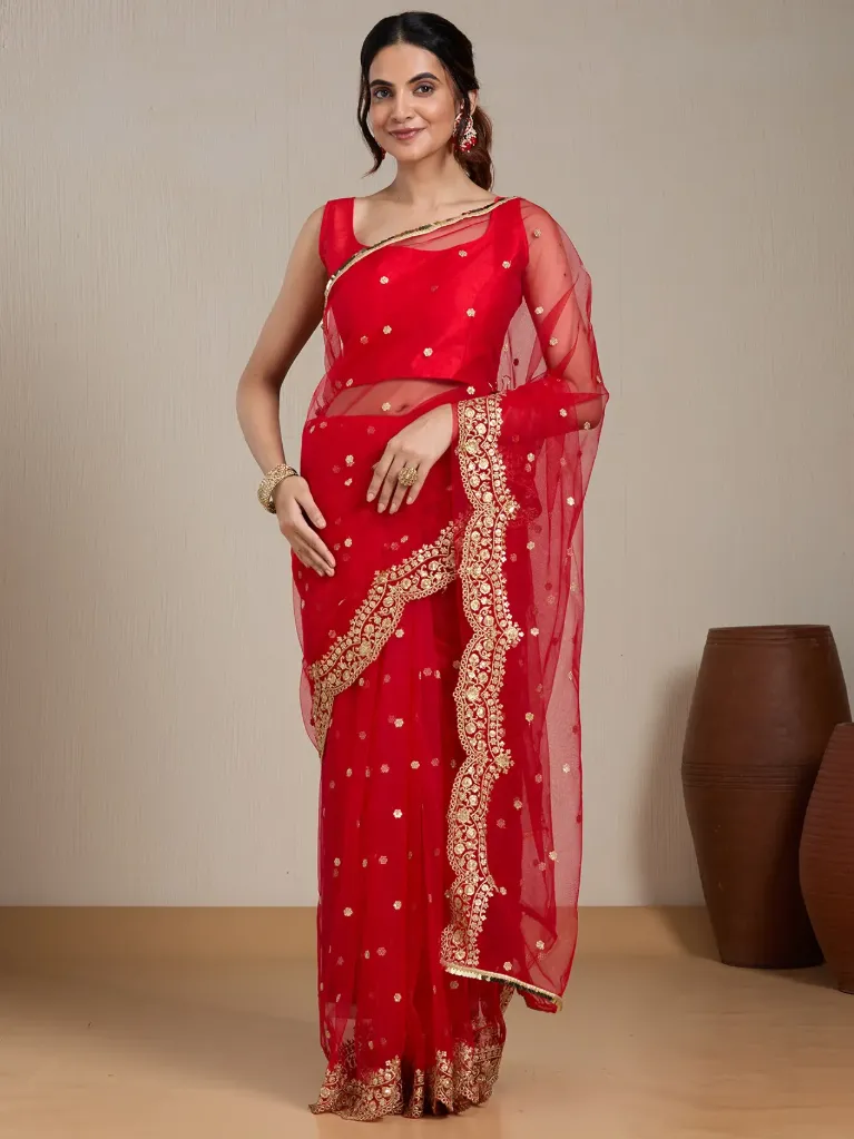 Vervee Couture Rust Orange Silk Blend Saree  Semi-stitched Blouse