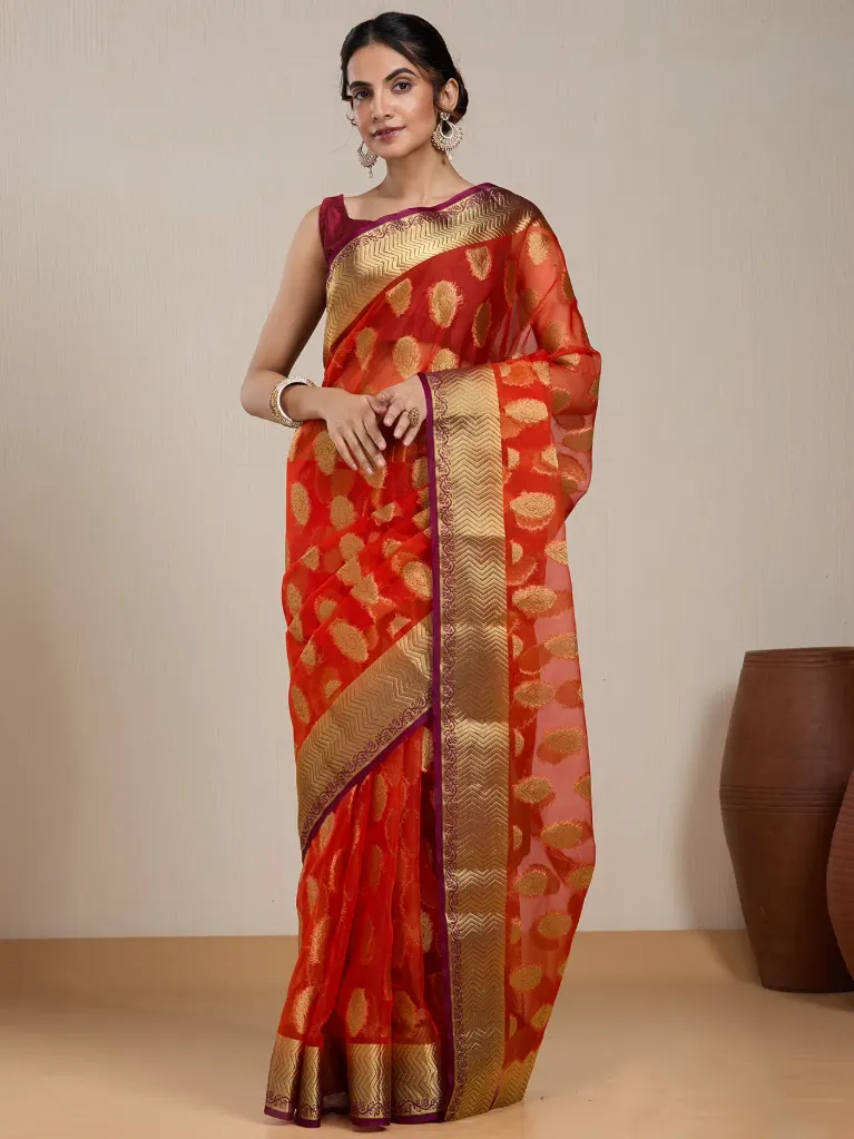 Vervee Couture Bright Orange Silk Blend Saree  Semi-stitched Blouse | Eka
